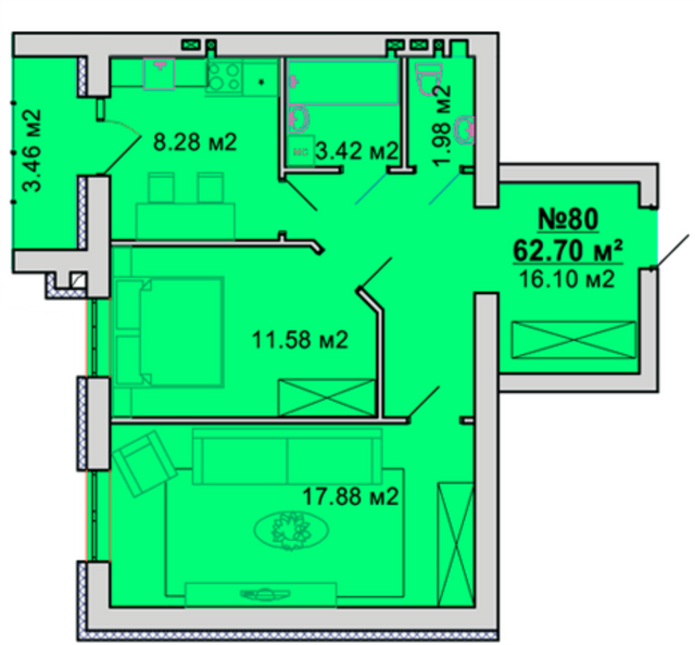 2-комнатная 62.7 м² в ЖМ Радуга от 15 000 грн/м², Винница