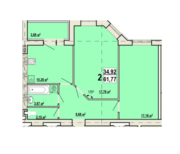 2-комнатная 61.77 м² в ЖК Мира-2 от 9 700 грн/м², Харьков