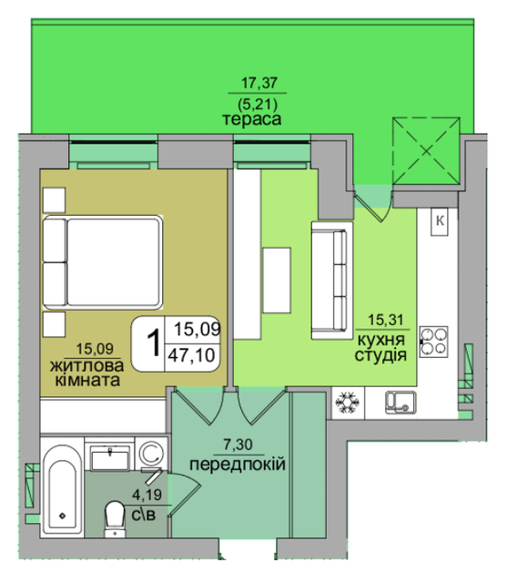 1-комнатная 47.1 м² в ЖК Green's от застройщика, Винница