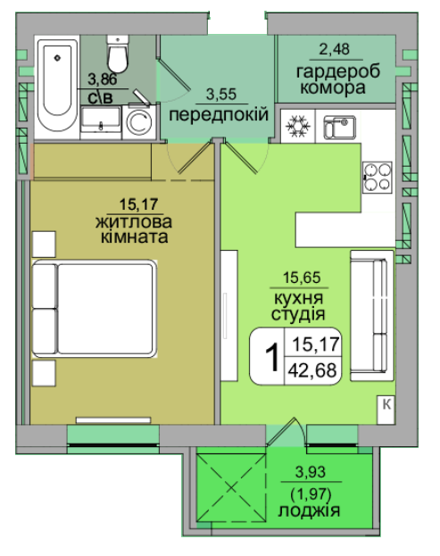 1-кімнатна 42.68 м² в ЖК Green's від забудовника, Вінниця