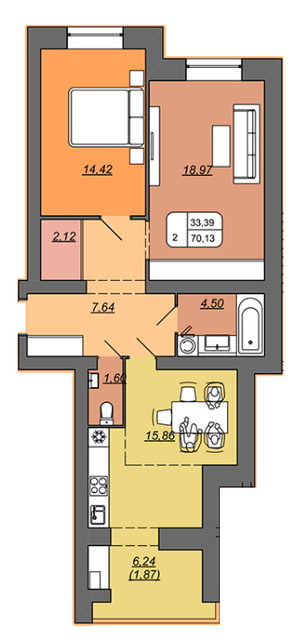 2-комнатная 70.13 м² в ЖК Green's от застройщика, Винница