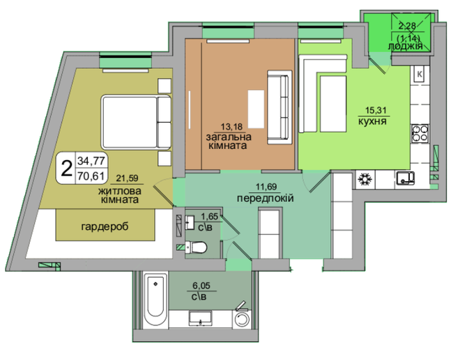 2-кімнатна 70.61 м² в ЖК Green's від забудовника, Вінниця