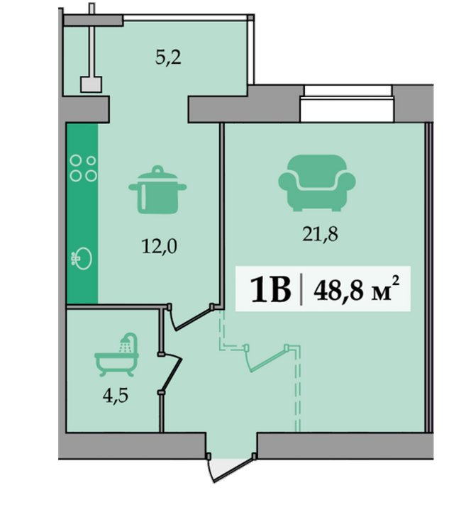 1-комнатная 48.8 м² в ЖК Счастливый от застройщика, Днепр