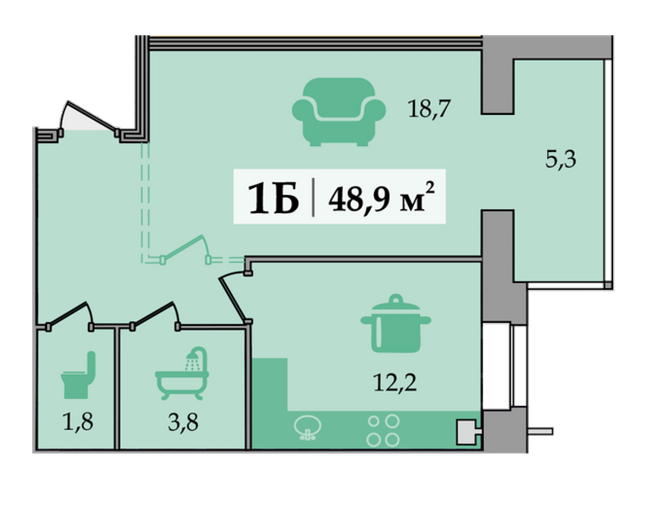 1-комнатная 48.9 м² в ЖК Счастливый от застройщика, Днепр