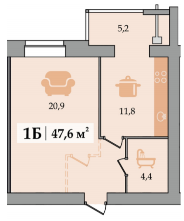 1-кімнатна 47.6 м² в ЖК Щасливий від забудовника, Дніпро