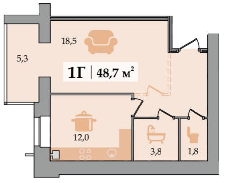 1-кімнатна 48.7 м² в ЖК Щасливий від забудовника, Дніпро