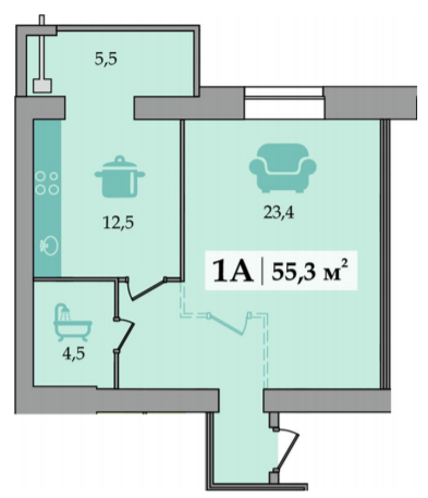 1-комнатная 55.3 м² в ЖК Счастливый от застройщика, Днепр