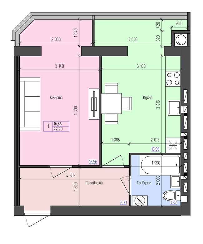 1-комнатная 42.7 м² в ЖК Атлант от 14 300 грн/м², Луцк