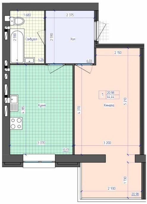 1-комнатная 44.44 м² в ЖК Премиум Парк от 18 500 грн/м², Житомир