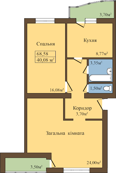 2-комнатная 68.58 м² в ЖК Садовый от застройщика, пгт Попельня