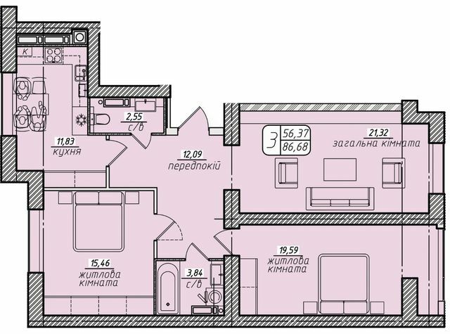 3-комнатная 86.68 м² в ЖК Западный от застройщика, Винница