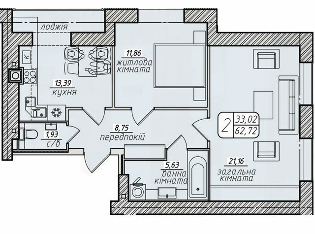 2-кімнатна 62.72 м² в ЖК Західний від 21 000 грн/м², Вінниця