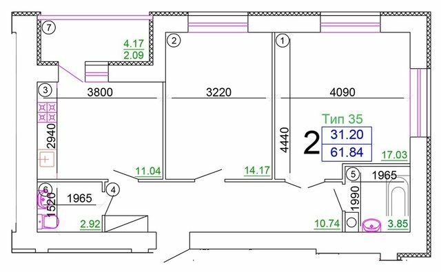 2-комнатная 61.84 м² в Мкрн Академический от 15 250 грн/м², Винница