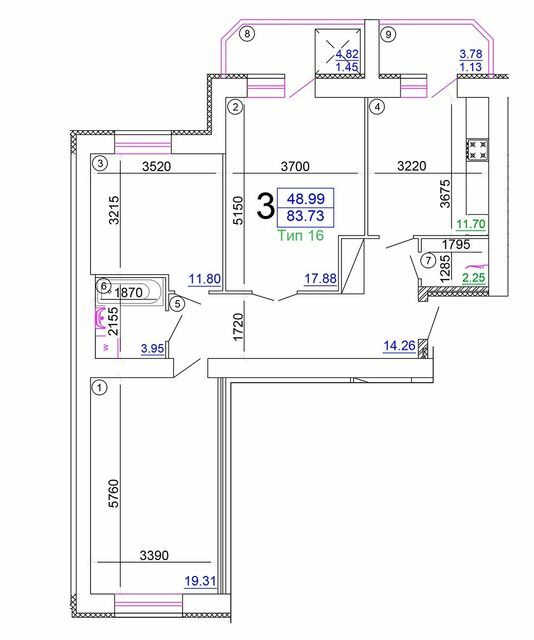 3-кімнатна 83.73 м² в Мкрн Академічний від 16 500 грн/м², Вінниця