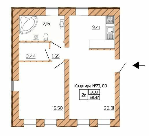 2-комнатная 58.47 м² в КД Corner от застройщика, Киев