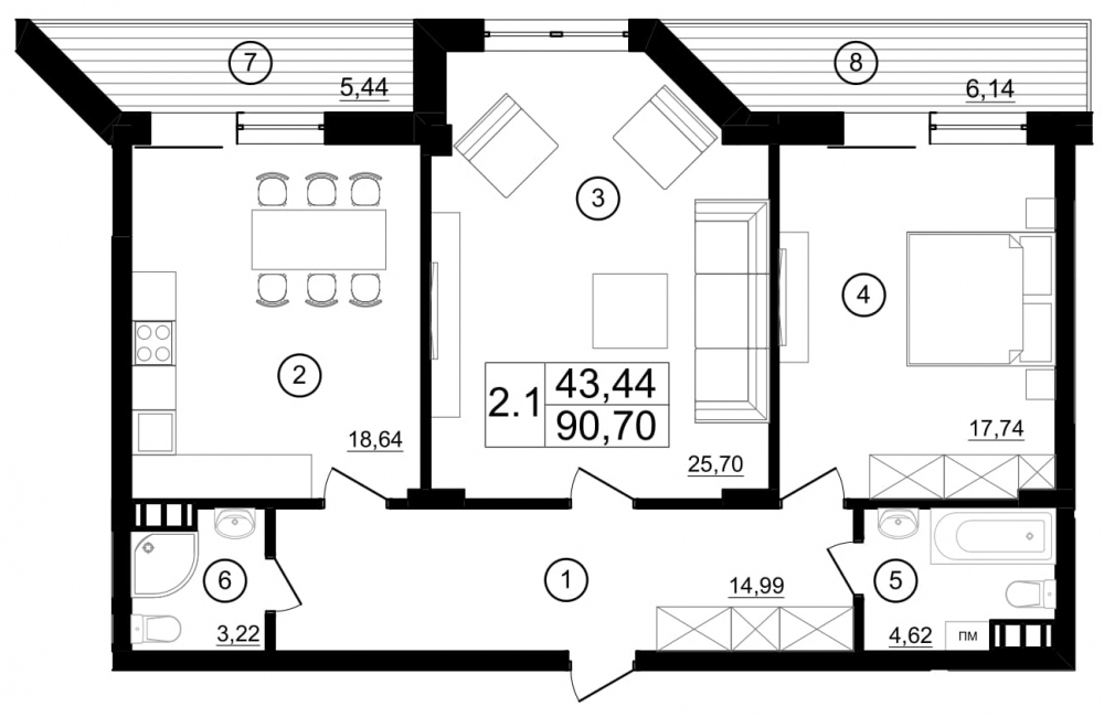 2-кімнатна 90.7 м² в КБ M29 від 88 100 грн/м², Київ