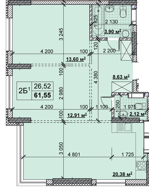 2-кімнатна 61.55 м² в ЖК Нові Теремки від 18 500 грн/м², с. Новосілки