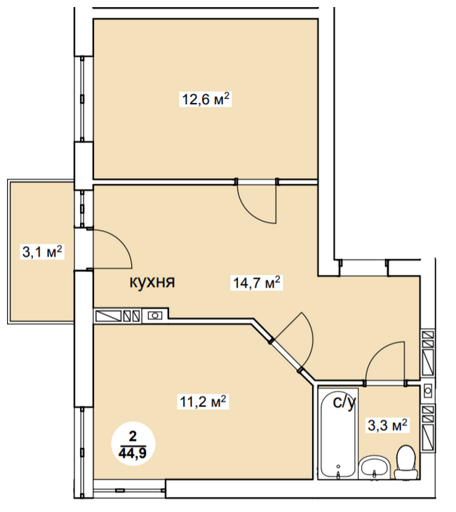 2-комнатная 44.9 м² в ЖК Новая Дания от 20 900 грн/м², с. Софиевская Борщаговка