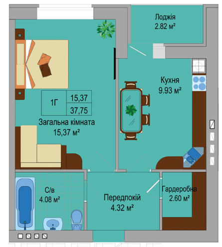 1-комнатная 37.75 м² в КД Олимпия от застройщика, с. Софиевская Борщаговка