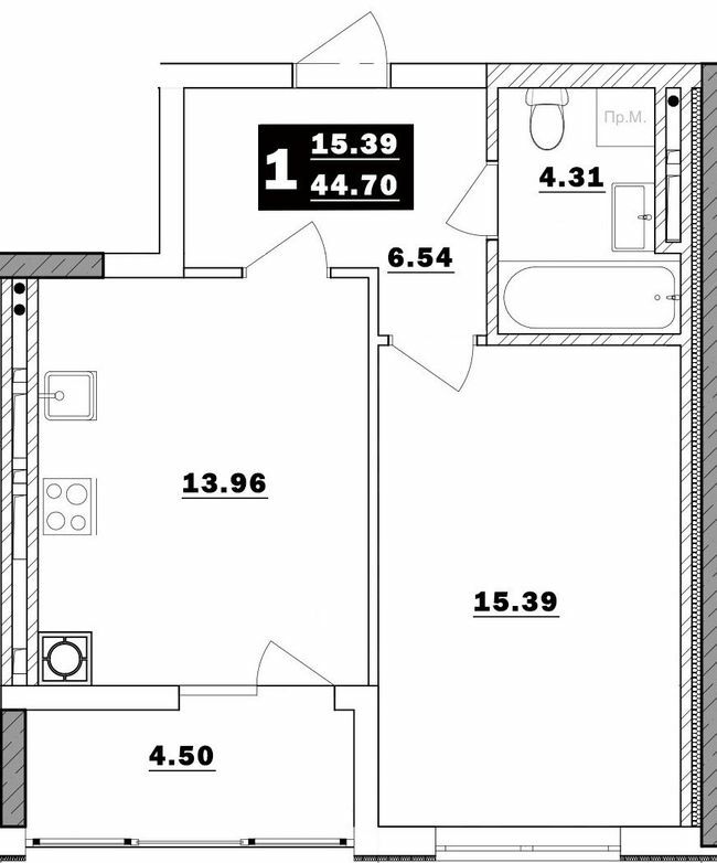 1-комнатная 44.7 м² в ЖК Обуховский ключ от застройщика, г. Обухов