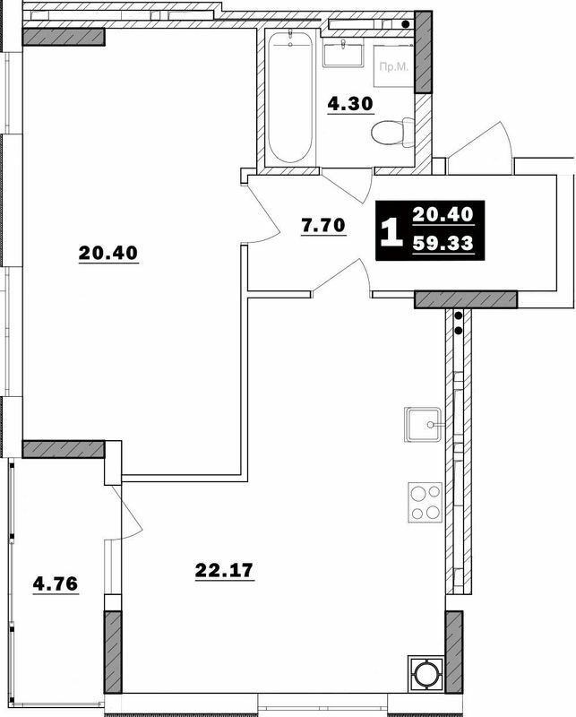 1-комнатная 59.33 м² в ЖК Обуховский ключ от застройщика, г. Обухов