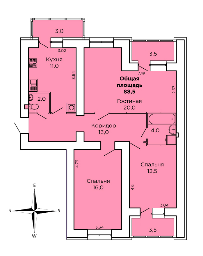 3-комнатная 88.5 м² в ЖК Дом на Лазурной от 18 350 грн/м², Николаев