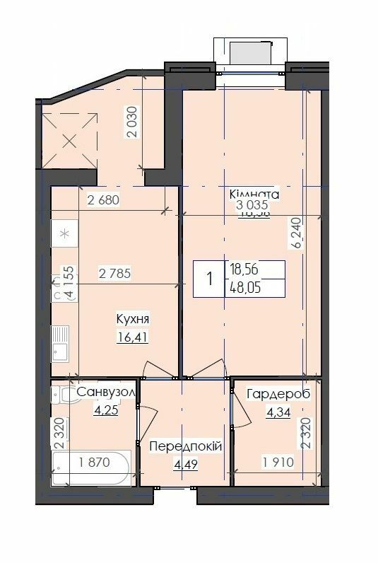 1-кімнатна 48.05 м² в ЖК Престиж від 10 000 грн/м², м. Южноукраїнськ