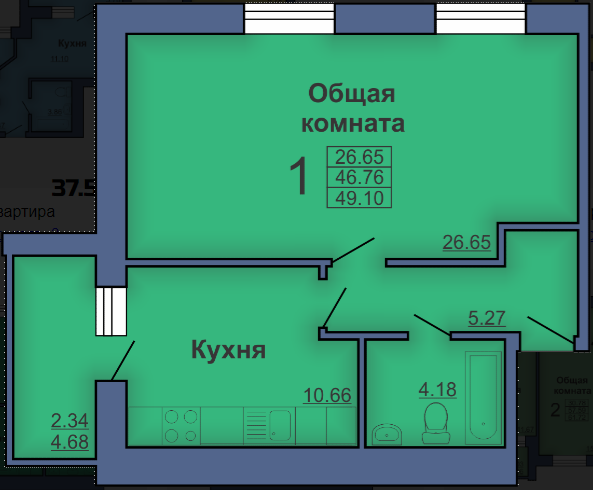 1-комнатная 49.1 м² в ЖК на вул. Маяковського, 3 от застройщика, Полтава