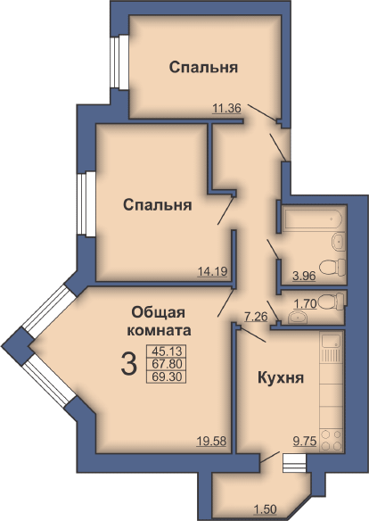 3-кімнатна 69.3 м² в ЖК на пл. Павленківська, 3А від 17 500 грн/м², Полтава