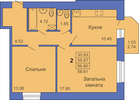 2-кімнатна 56.9 м² в ЖК на пл. Павленківська, 3В від 18 000 грн/м², Полтава