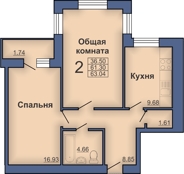 2-кімнатна 63.04 м² в ЖК на вул. Миру, 18В від забудовника, Полтава