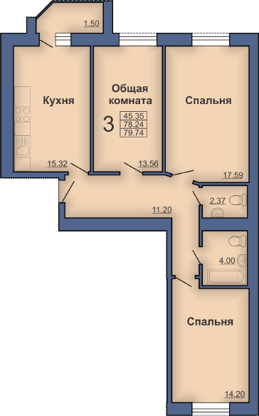 3-комнатная 79.74 м² в ЖК на ул. Мира, 18В от 17 500 грн/м², Полтава