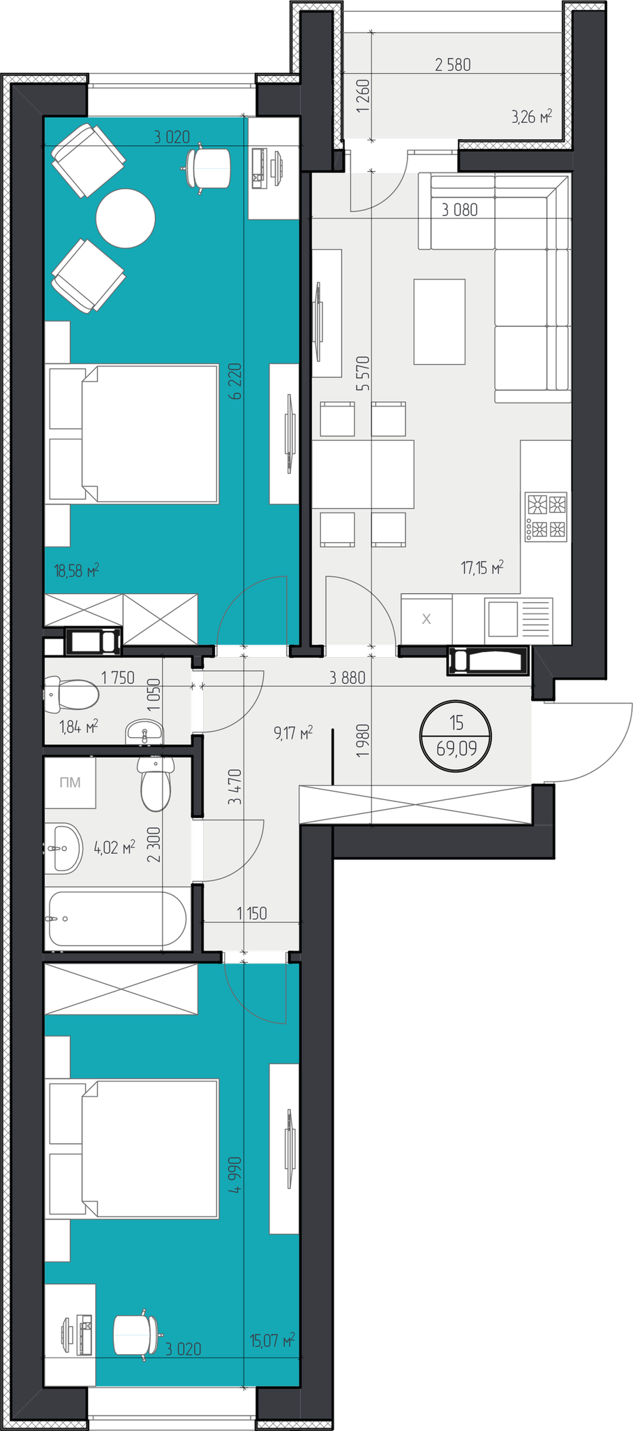 2-комнатная 69.09 м² в ЖК 3V Volkova от 18 200 грн/м², Кропивницкий