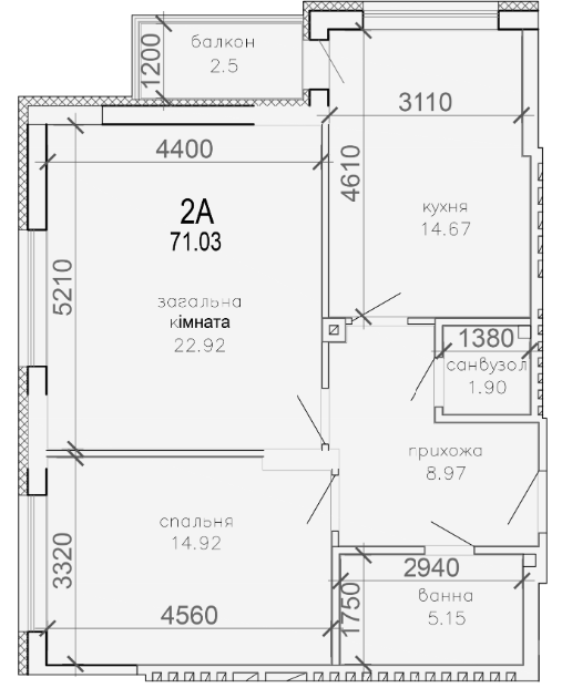 2-кімнатна 71.03 м² в КБ Сонячний від забудовника, Суми