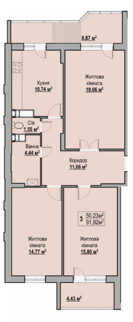 3-комнатная 91.92 м² в ЖК на вул. Гоголя, 251 от застройщика, Черкассы