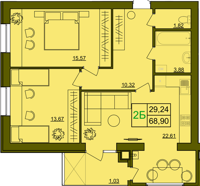 2-комнатная 68.9 м² в ЖК Лавровий от застройщика, Ровно