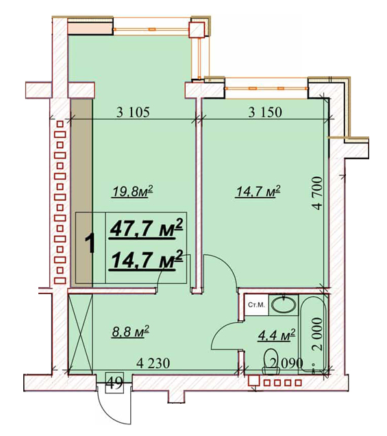 1-кімнатна 47.7 м² в ЖК Європейський від 18 850 грн/м², Рівне