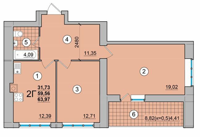 2-комнатная 63.97 м² в ЖК на ул. Мазепы, 23 от 14 400 грн/м², Чернигов