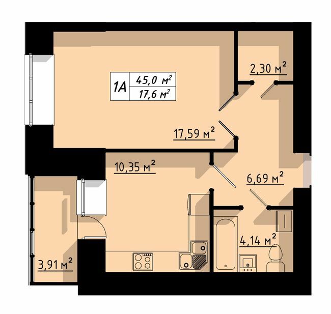 1-комнатная 45 м² в ЖК на ул. Бенцаля, 7 от застройщика, Тернополь