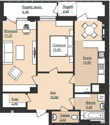 2-комнатная 74.38 м² в ЖК Щастя от застройщика, Тернополь