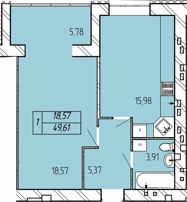 1-кімнатна 49.61 м² в ЖК Гармонія-3 від 12 500 грн/м², Хмельницький