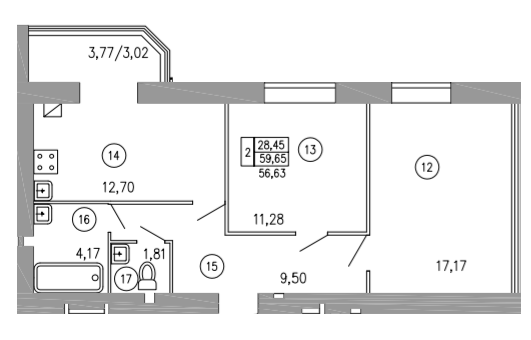 2-кімнатна 59.65 м² в ЖК Затишний від забудовника, Хмельницький