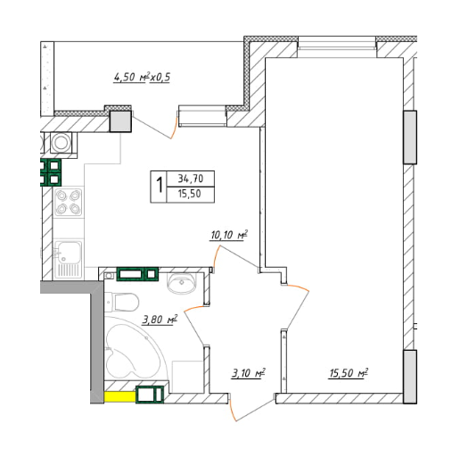 1-кімнатна 34.7 м² в ЖК Будинок на Малонова від 32 400 грн/м², Одеса