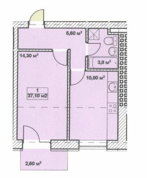 1-комнатная 37.1 м² в МЖК Природный от застройщика, пос. Дослидное