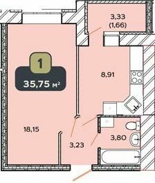 1-комнатная 35.75 м² в ЖК Spring Town от 10 400 грн/м², Хмельницкий