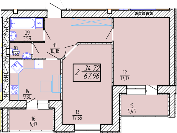 2-кімнатна 67.98 м² в ЖК Приозерний від 10 300 грн/м², Хмельницький