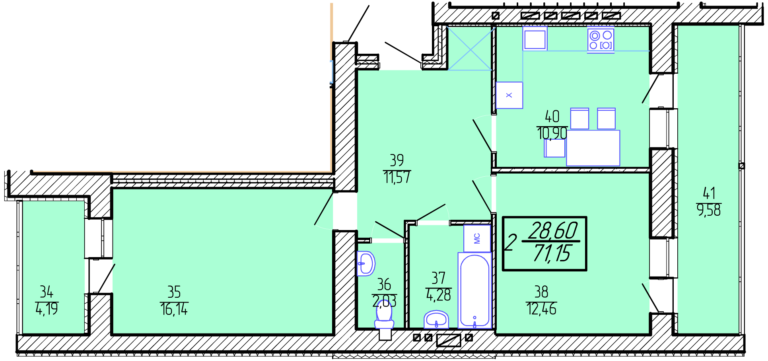 2-комнатная 71.15 м² в ЖК Приозерный от 10 300 грн/м², Хмельницкий