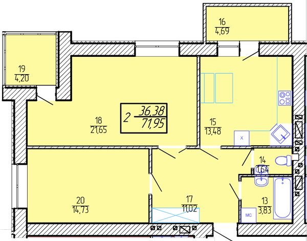 2-комнатная 71.95 м² в ЖК Приозерный от 10 300 грн/м², Хмельницкий