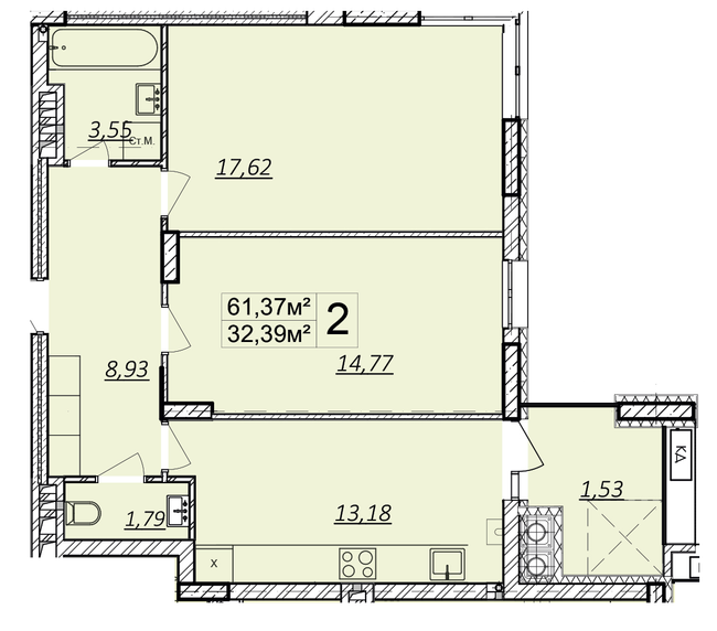 2-комнатная 61.37 м² в ЖК Дружба Хаус от 12 800 грн/м², г. Волочиск