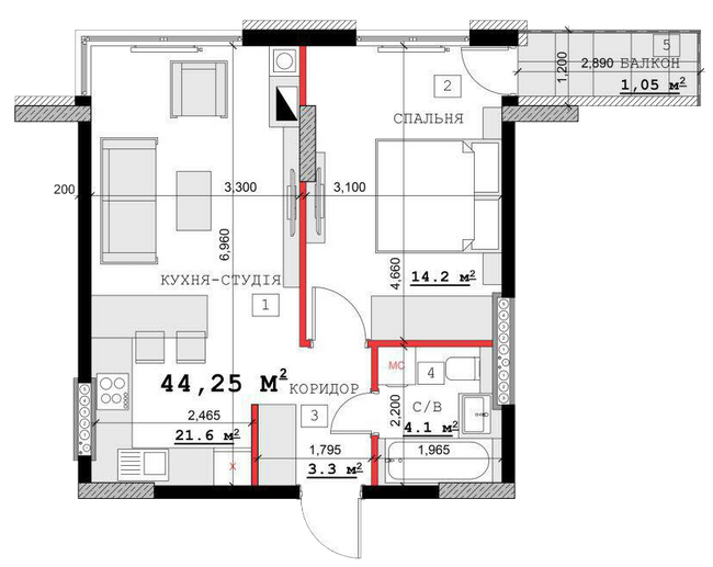 1-кімнатна 44.25 м² в ЖК на вул. Суворова, 14, 16Б, 16В від 12 000 грн/м², м. Кам`янець-Подільський